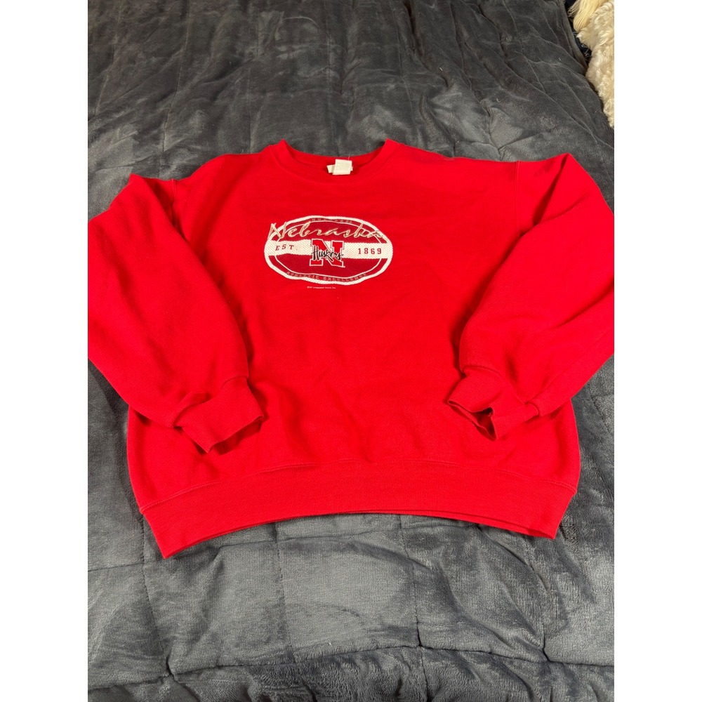 Lee Sport Nebraska Huskers Sweatshirt Mens Red‎ Embroidered Crew Neck Youth XL
